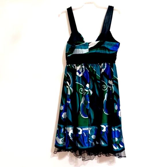 Speechless Junior Sz 7 Sundress Party Dress-Purple Blue/Green Floral/Blk Tulle - Picture 2 of 15